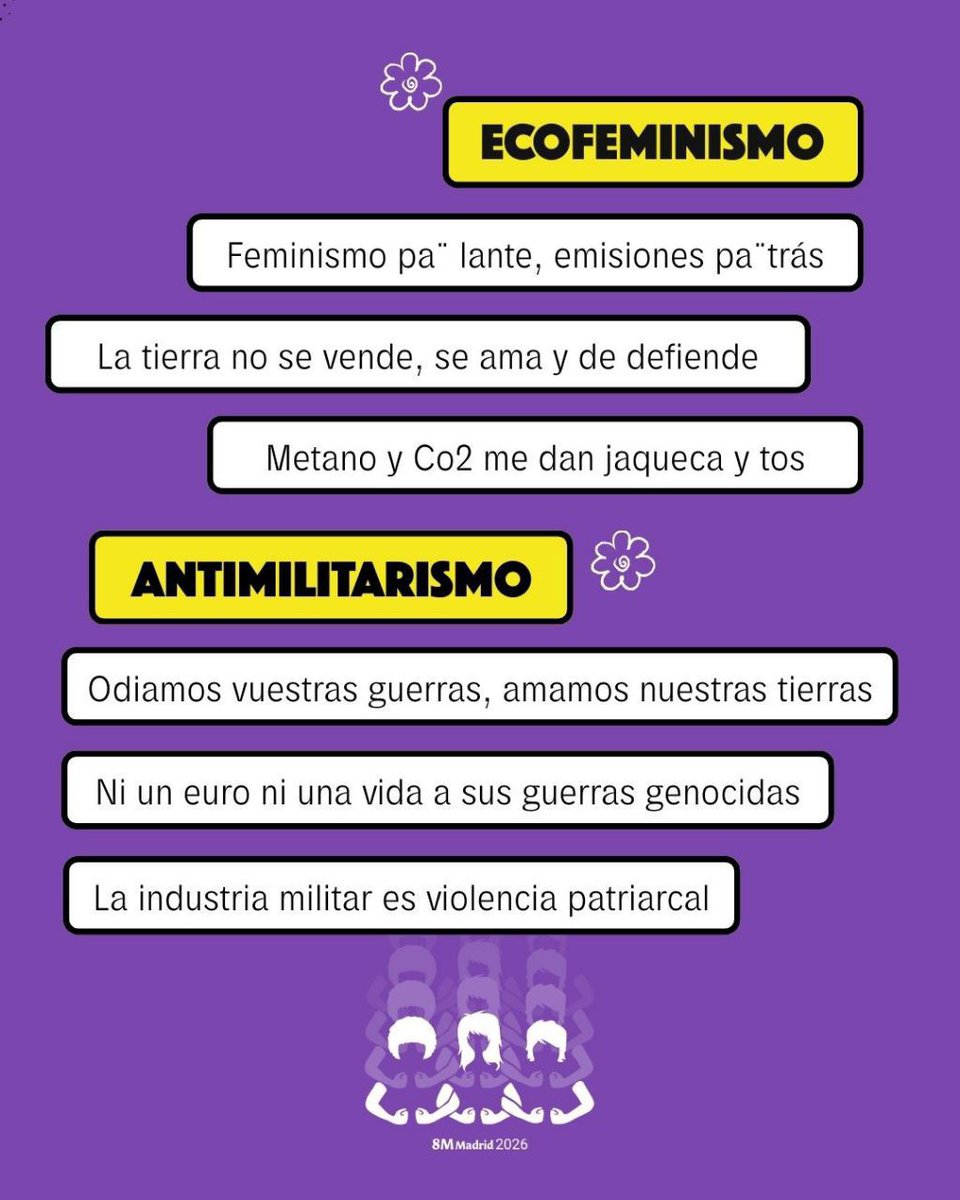 AlternativasNo2's tweet photo. En la mani #8M2026 
Arocha- Sevilla 12hs. se alzará la voz por todos los derechos y contra todas las violencias.
Aquí algunas de las consignas elaboradas por las asambleas de pueblos y barrios de Madrid.
¡Buen trabajo!
#FeminismosMadrid https://t.co/JqyXP3Pslo