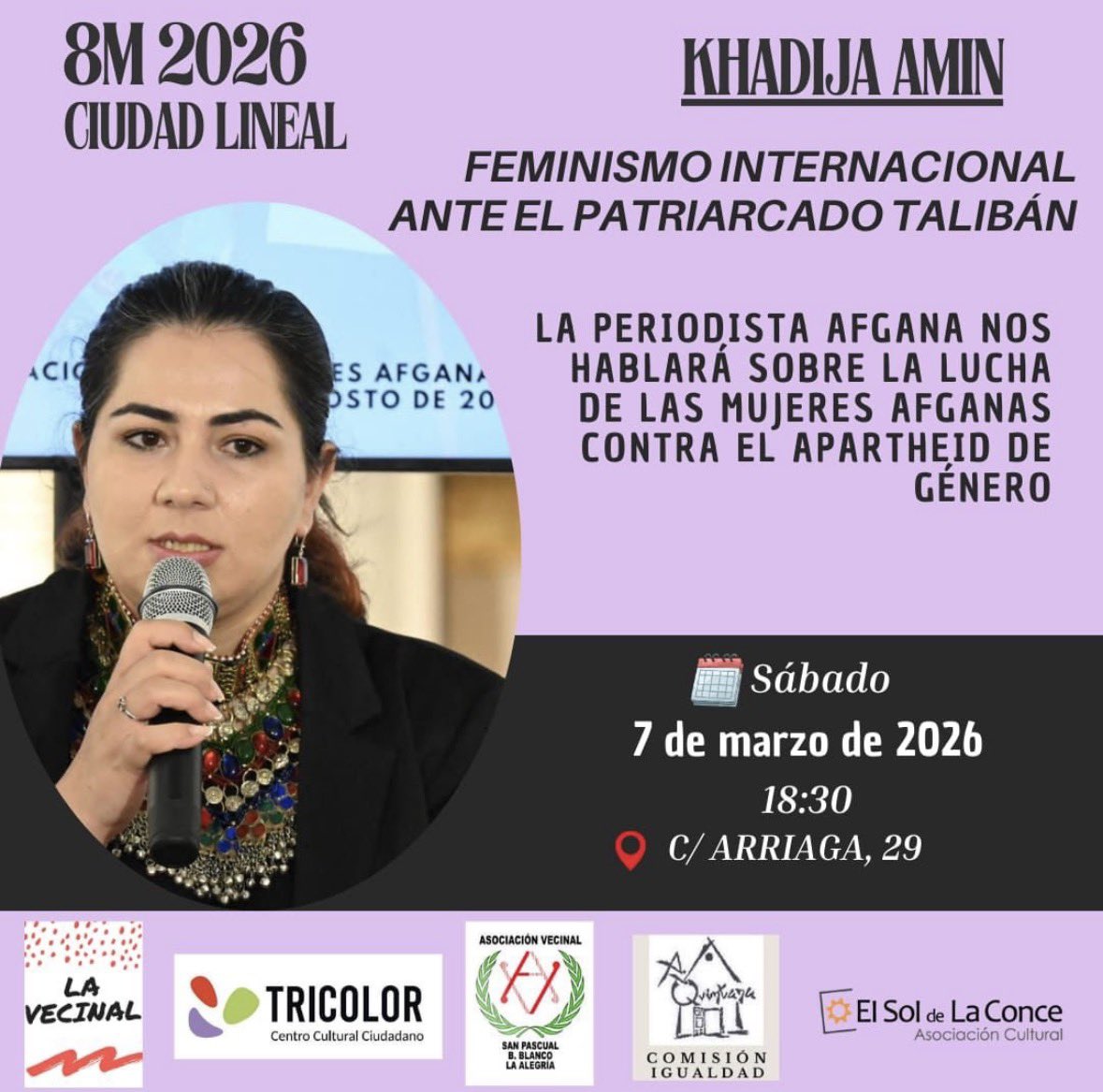 IUCiudadlineal's tweet photo. Lleno en nuestro local para escuchar a Khadija Amín, ex presentadora de la televisión de Afganistán, en el acto organizado por grupos de mujeres de entidades de #CiudadLineal por el #8M2026. 

Una conclusión: no usar la causa de las mujeres para justificar guerras en su nombre. https://t.co/rWAtEWtPNO