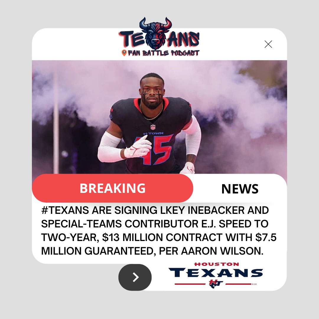 TexansFanBattle's tweet image. Per Aaron Wilson Texans bring back EJ Speed! #HTownMade #Texans #TFB