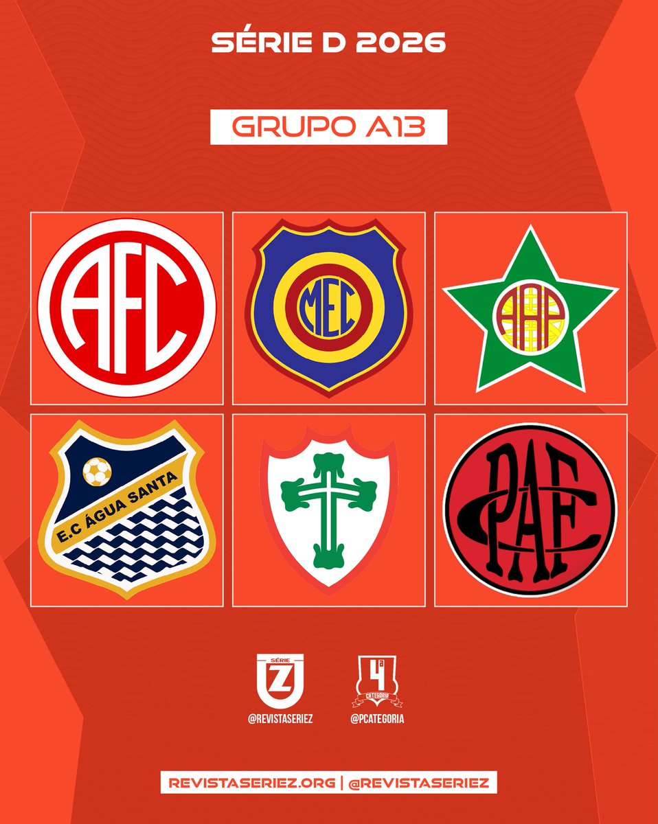 revistaseriez's tweet photo. O Grupo A13 da Série D 2026 é composto por:

America
Madureira
Portuguesa-RJ
Água Santa 
Portuguesa
Pouso Alegre 

#SérieDnaSérieZ #QuartaCategoria https://t.co/goTrCG4jbg