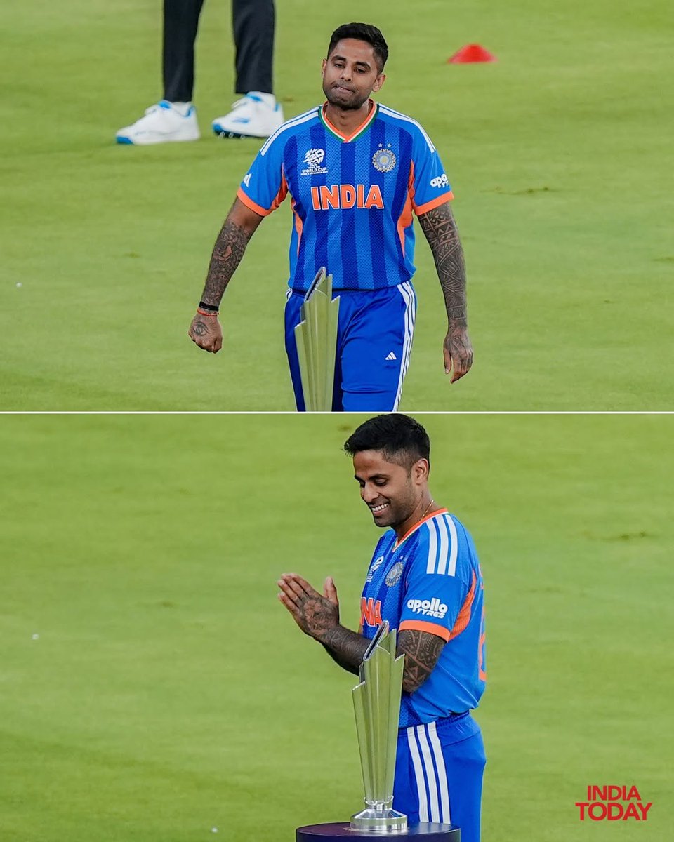 IndiaToday's tweet image. India's captain Suryakumar Yadav poses for a picture with the trophy on the eve of the ICC Men's T20 World Cup 2026 final cricket match between India and New Zealand, at the Narendra Modi Stadium, in Ahmedabad, Gujarat.

#SuryakumarYadav #T20WorldCup
#INDvsNZ #ITPhotoBlog