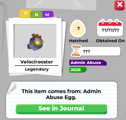 TheBulvi's tweet image. Where you able to get the Admin Abuse Egg?
Chance to get the Velocirooster 
#adoptme #roblox #Legendary