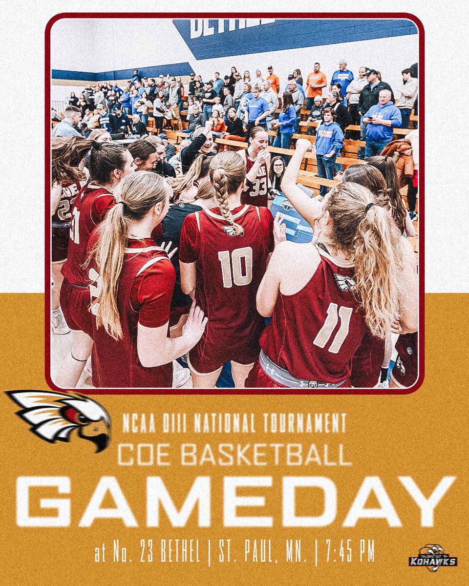 CoeAthletics's tweet photo. 🏀@CoeCollegeWBB Gameday❗️

the dancin’ is just beginning. 🪩

 @   No. 23 Bethel
⏰ 7:45 PM 
📍 St. Paul, MN. (Bethel University)
📺 https://t.co/elwuuy0l8m
📊 https://t.co/elwuuy0l8m

#KohawkNation https://t.co/qHJLW93a3J