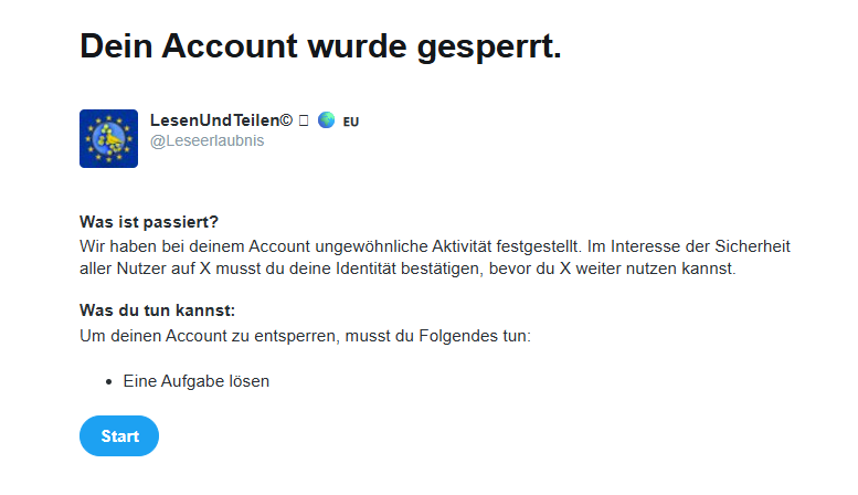 Leseerlaubnis's tweet photo. Setze Dich vor der Wahl mehr ein und zack, wird das Account gesperrt.
Zum Glรผck auch leicht zu entsperren, ist aber trotzdem ein Skandal. https://t.co/Kt2ZhhPK8N