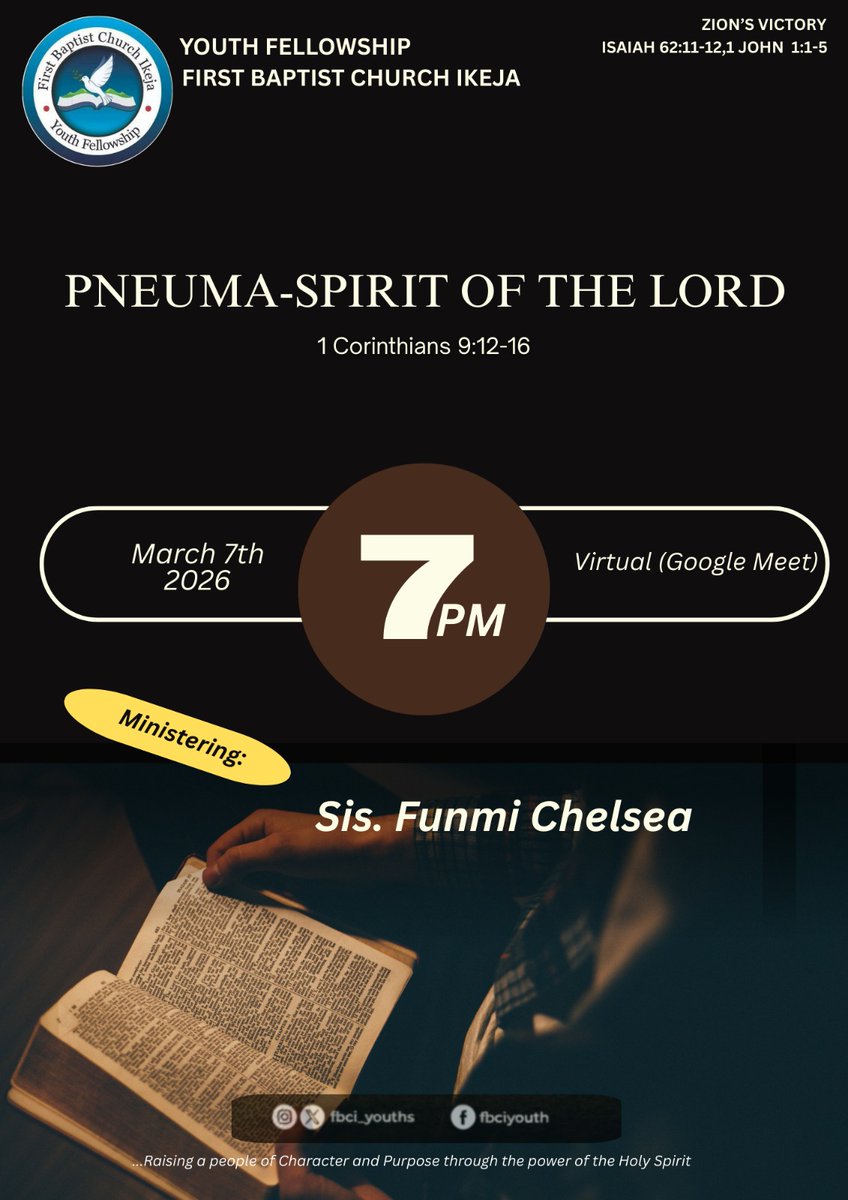 PNEUMA – The Spirit of the Lord. 🔥
Where the Spirit moves, lives are transformed, hearts are revived, and purpose is awakened. Join us for a powerful Youth Fellowship encounter.

🗓 Today
⏰ 7:00 PM
💻📱 Google Meet: meet.google.com/dmj-wcor-wjw

Don’t miss it!