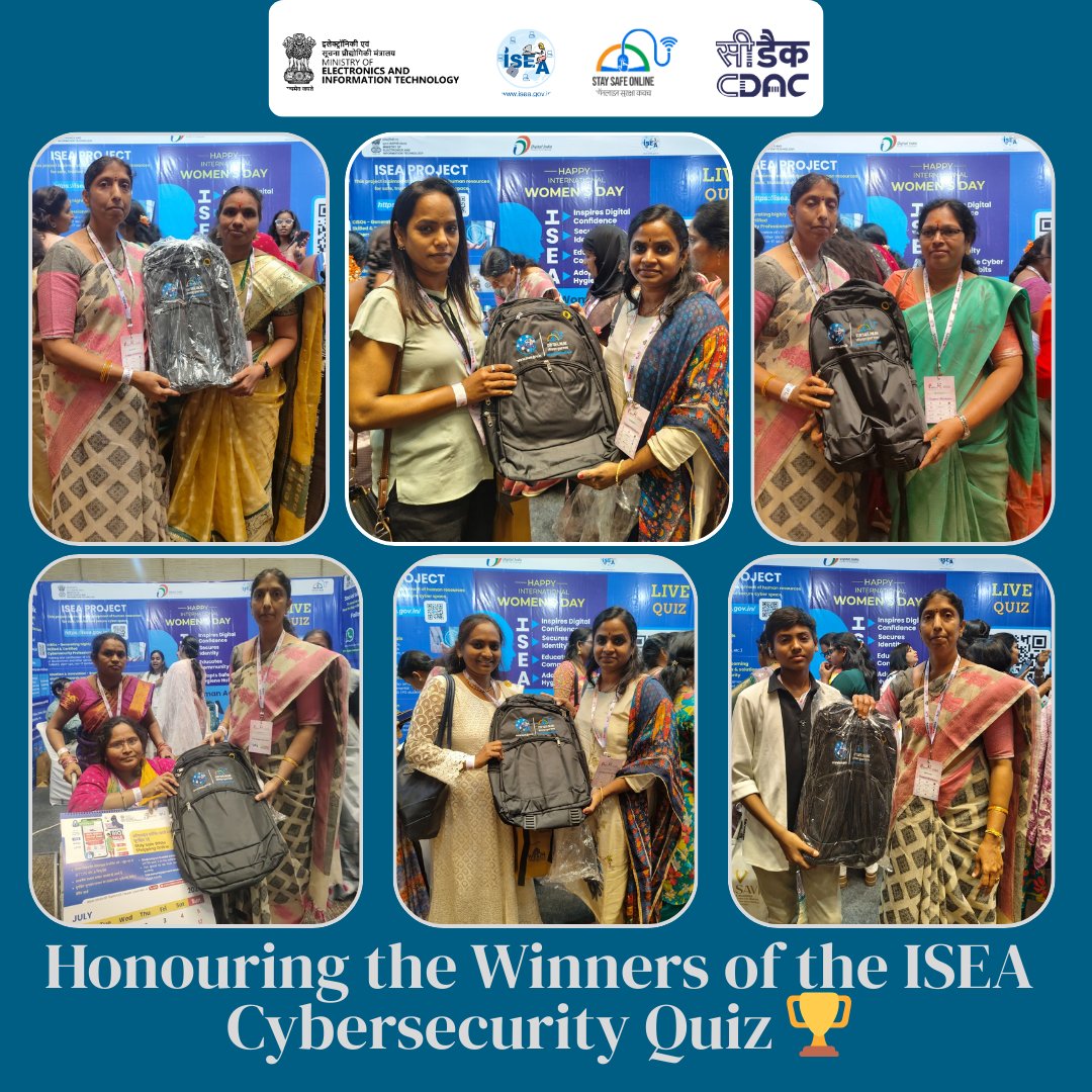 SSOIndia's tweet image. Prizes were awarded to the winners of the live cybersecurity quiz conducted by Information Security Education and Awareness (ISEA) at EmpowHer 2026, recognizing their knowledge and enthusiasm for digital safety.

#CyberSecurityAwareness #ISEA #DigitalSafety #CyberQuiz