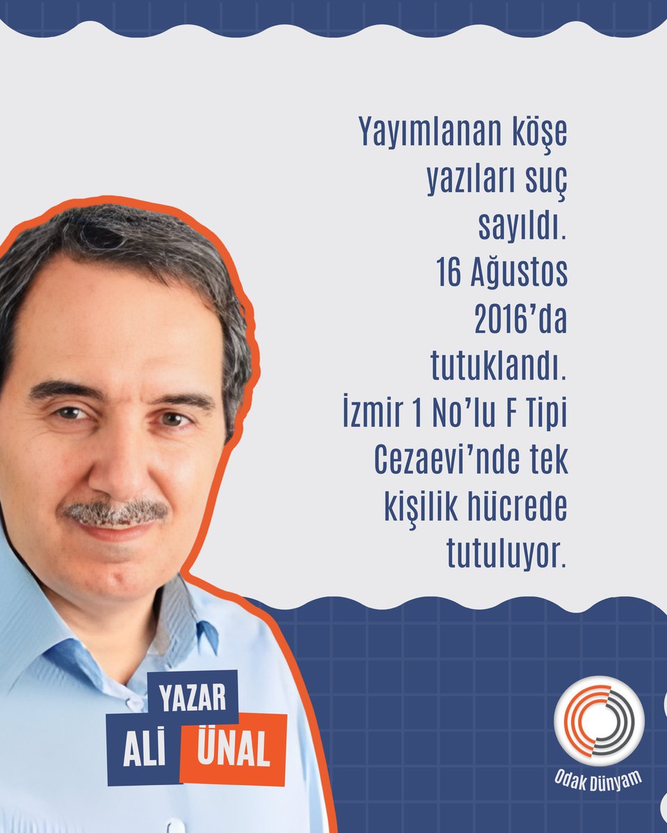 ALİ ÜNAL / YAZAR

Yayımlanan köşe yazıları suç sayıldı.
16 Ağustos 2016’da tutuklandı.
İzmir 1 No’lu F Tipi Cezaevi’nde tek kişilik hücrede tutuluyor.

<a href="/mahmutarikansp/">Mahmut Arıkan</a> 

ZulmeRıza Zulümdür