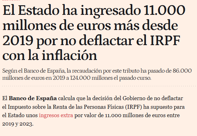 dlacalle's tweet photo. ¿Sánchez preocupado por la inflación y los precios?

El mayor beneficiado por la inflación ha sido el gobierno de Sánchez. Que no venga ahora de salvador.

Aprovechándose de la pérdida de poder adquisitivo de los españoles, recauda miles de millones más por no deflactar los impuestos y, además, los despilfarra.

Al menos 11.000 millones identificados en IRPF
8.500 millones en IVA sobre hogares
+ la parte atribuible a la inflación en sociedades, especiales y el resto de impuestos

via AIReF, Banco de España