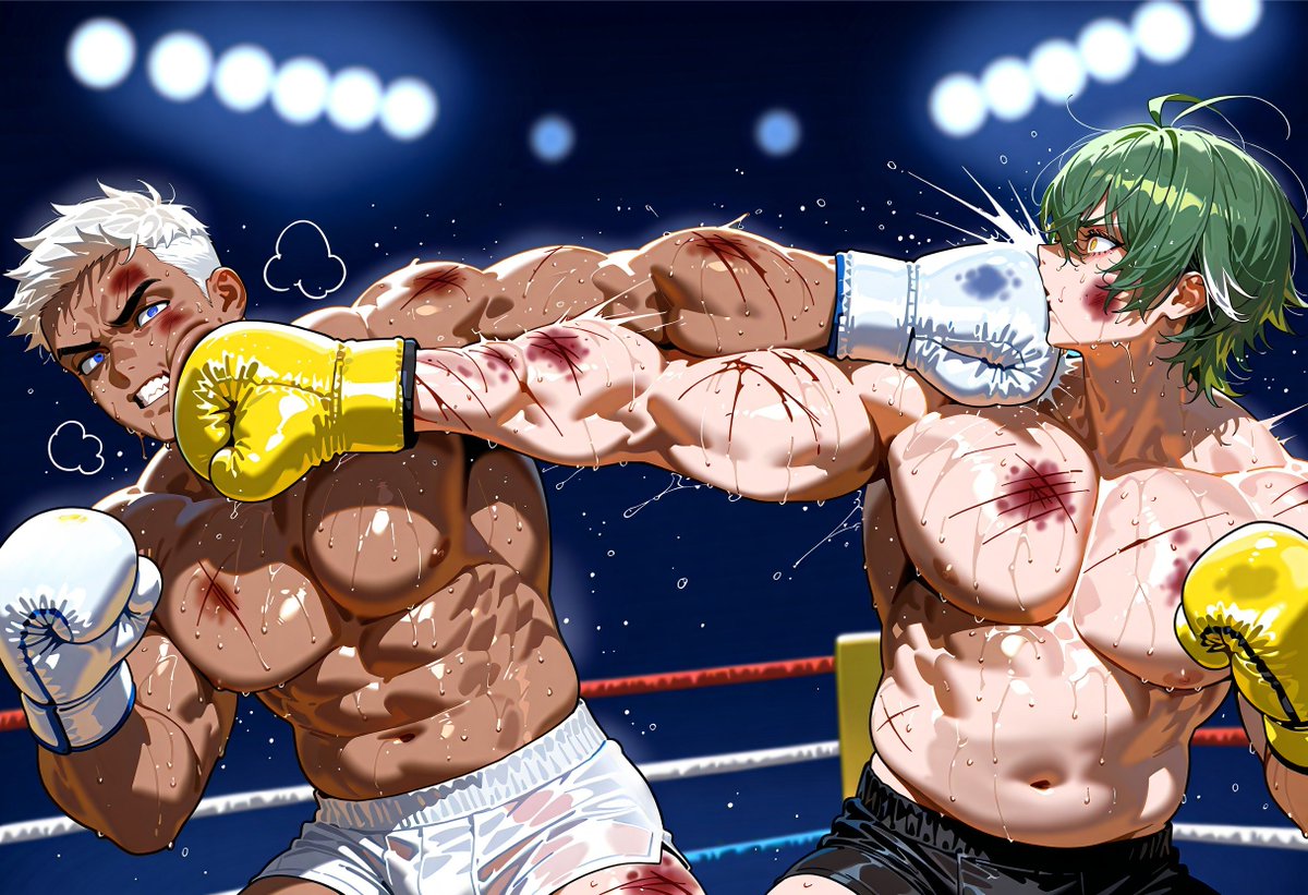 [Round 4]
2:30 in——

CRACK——!!

Cross counter.

💚's glove——toward ⬜'s face.
⬜'s glove——toward 💚's face.

Both thrown——at the same time.

But.

💚 : (deep)
(Senpai's is deeper)

Vision——split.

Something detonated inside the skull.
Bone vibrating from the core.

Legs——gone.