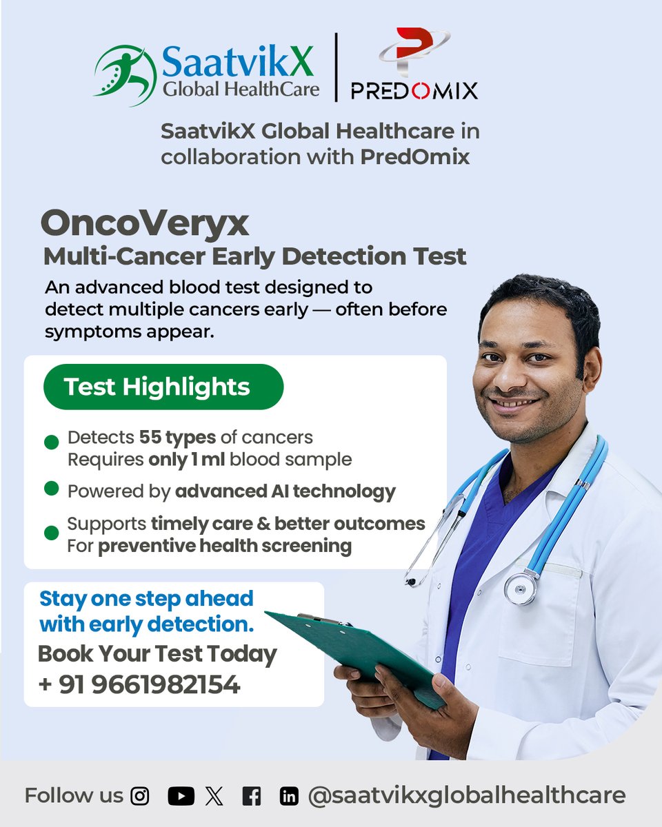 SaatvikXGlobal's tweet photo. Early cancer detection can improve outcomes.

OncoVeryx, a multi-cancer early detection blood test, can identify signals of 55 cancers using just 1 ml of blood — often before symptoms appear.

A step forward in preventive care
📞 +91 96619 82154
#CancerScreening #EarlyDetection https://t.co/6i15YgiPgH