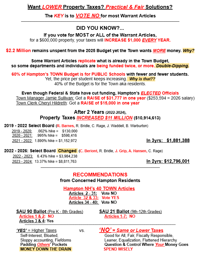 HTG03842's tweet photo. VOTE This TUES 03/10 in YOUR Town

HAMPTON NH'S ELECTION
Tues, 03/10/2026
7am to 8pm
___________________________________
RECOMMENDATIONS 
**Leave Candidates BLANK
**NO to ALL  Warrant Articles, except for 2 for Town &amp; 2 for Schools.
#propertytaxes #hamptonnh #election https://t.co/yTjXihFoUx