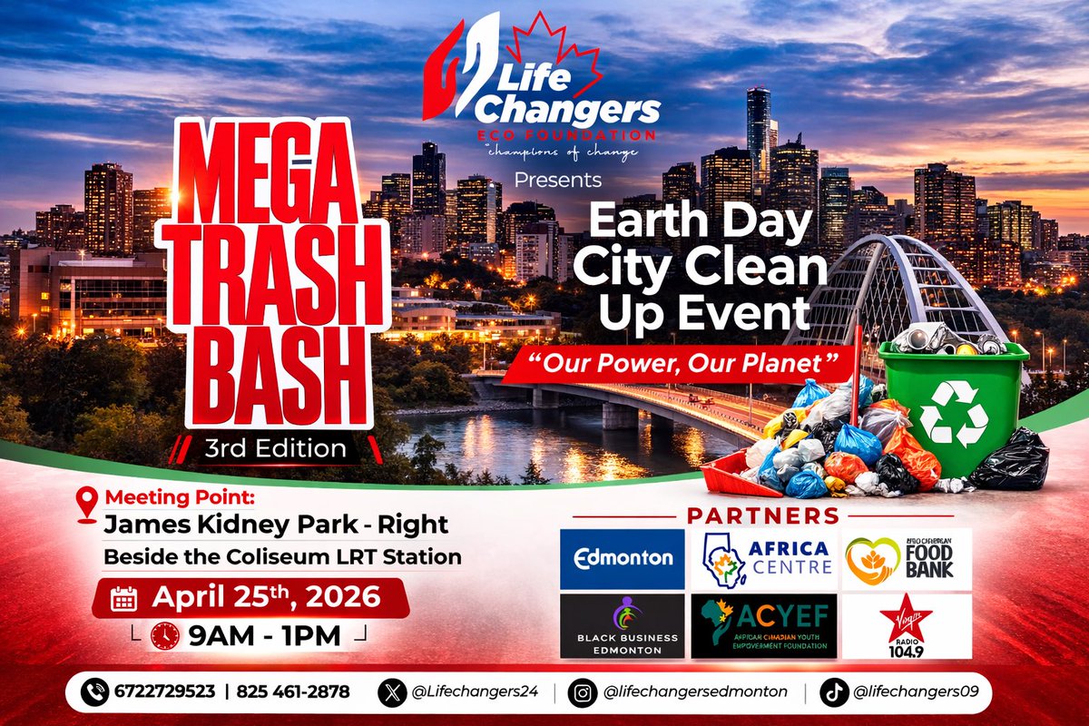 Lifechangers24's tweet photo. THE MEGA TRASH BASH - EARTH DAY CITY CLEAN UP EVENT https://t.co/PCtP7KjsDh
Let’s register ourselves for the Mega Trash Bash (3rd Edition)
@DShepYEG @UNEP @environmentca @CityofEdmonton 
#MegaTrashBash2026 https://t.co/Wj5qrCHFd9
