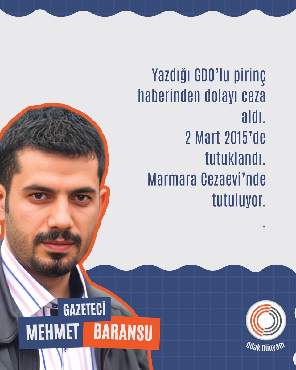 MEHMET BARANSU / GAZETECİ

Yazdığı GDO’lu pirinç haberinden dolayı ceza aldı.
2 Mart 2015’de tutuklandı.
Marmara Cezaevi’nde tutuluyor.

<a href="/cigdemkc/">ÇİĞDEM KOÇ</a> 

ZulmeRıza Zulümdür