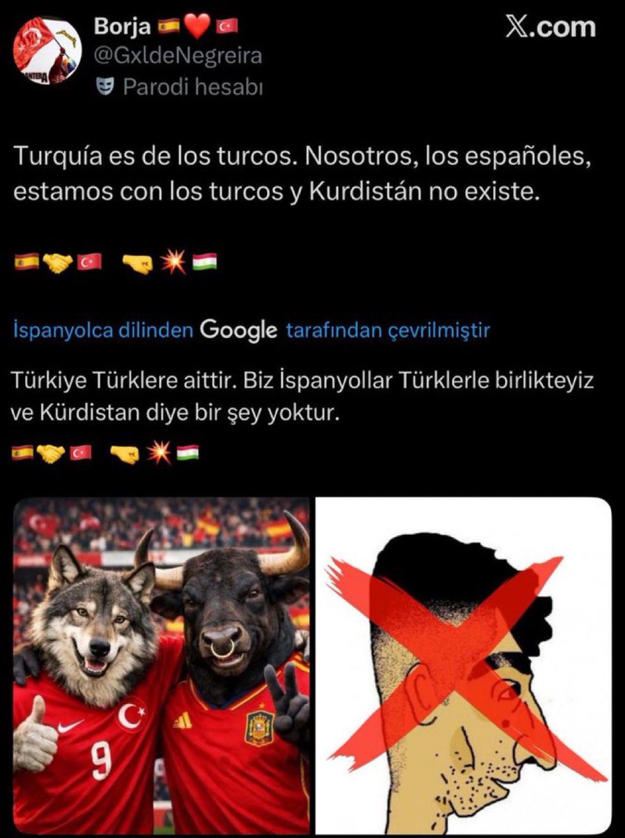 YzbAltay's tweet photo. İspanyol bir sosyal medya kullanıcısının paylaşımı:

“Türkiye Türklerindir. 

kürdistan diye bir şey yoktur.” https://t.co/O5RflLa3ij