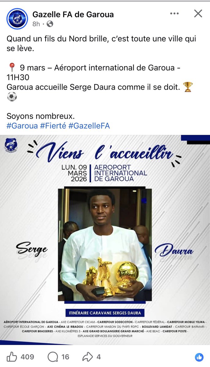 Garoua réserve un acceuil des plus chaleureux à son fils, le ballon d’or camerounais 2025 de retour sur ses terres depuis son triomphe. Gazelle FA de Garoua ayant joué ses derniers matchs hors de ses bases.

C’est Magnifique 🤩

<a href="/FecafootOfficie/">Fecafoot-Officiel</a> <a href="/CAF_Online/">CAF Online</a> <a href="/GazelleFA/">GAZELLE FA DE GAROUA</a>