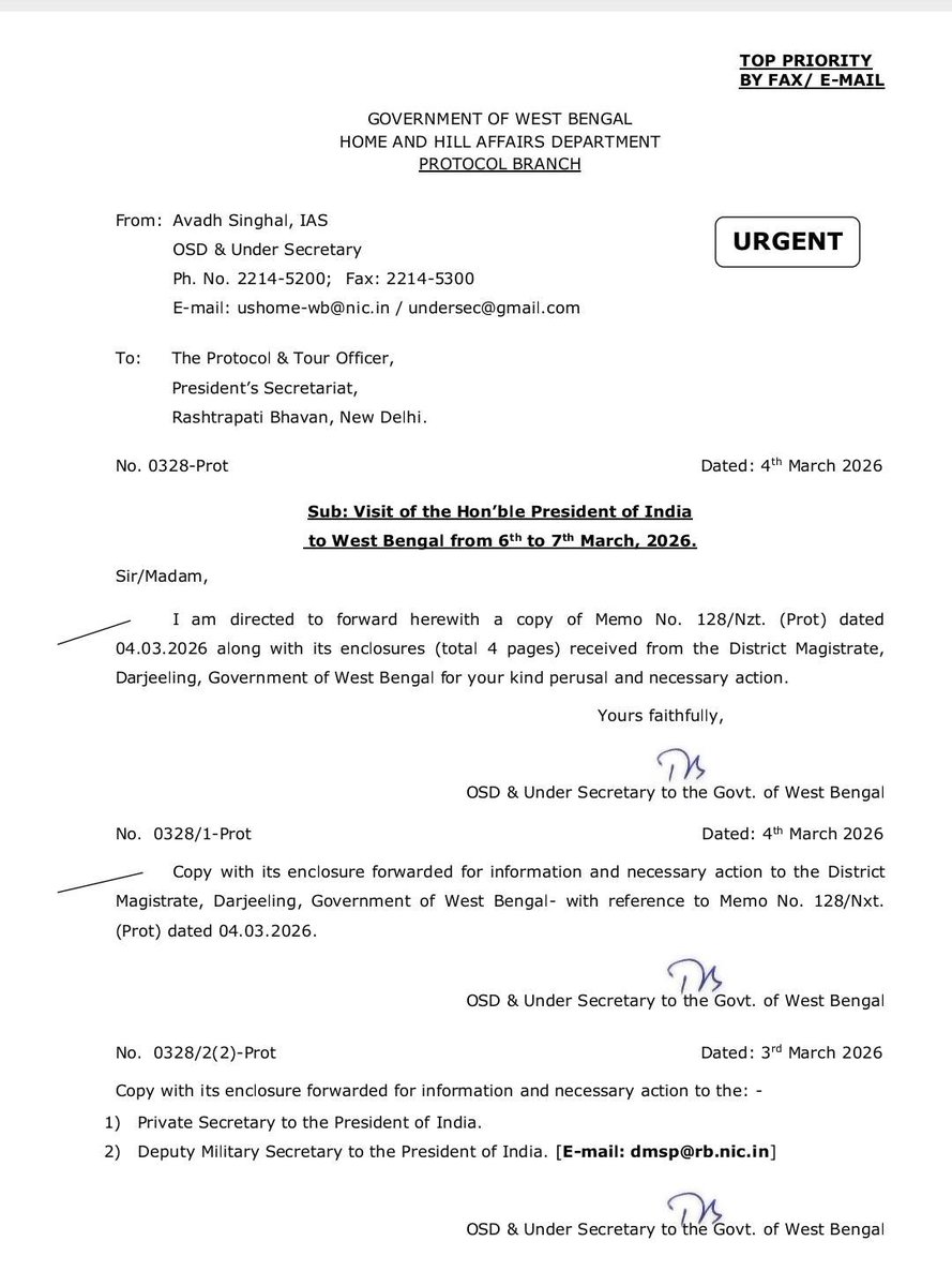 Releasing the correspondence between the Bengal government and <a href="/rashtrapatibhvn/">President of India</a> on the President’s event in North Bengal. The Bengal government had warned the President’s office that the particular private organisers of the event would not be able to make arrangements befitting
