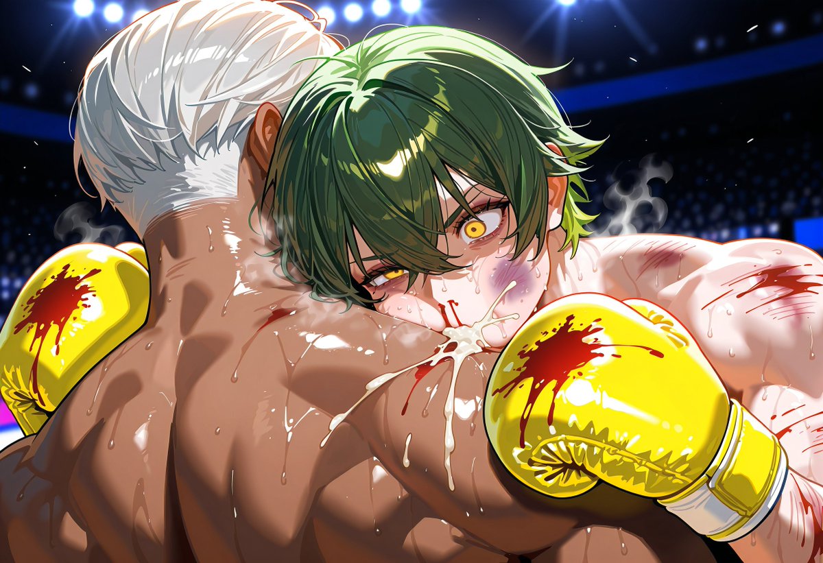 [Round 4]
Mid-clinch——

Arms wrapped around ⬜.
Holding on.
Can't let go.
Won't let go.

hah——hah——

Two sets of breath
tangled together
in the narrow space between them.

Then——

THUD——

💚 : UGKK——!!!!

Short blow.

⬜'s fist
from this distance——
drove itself into the side.

💚