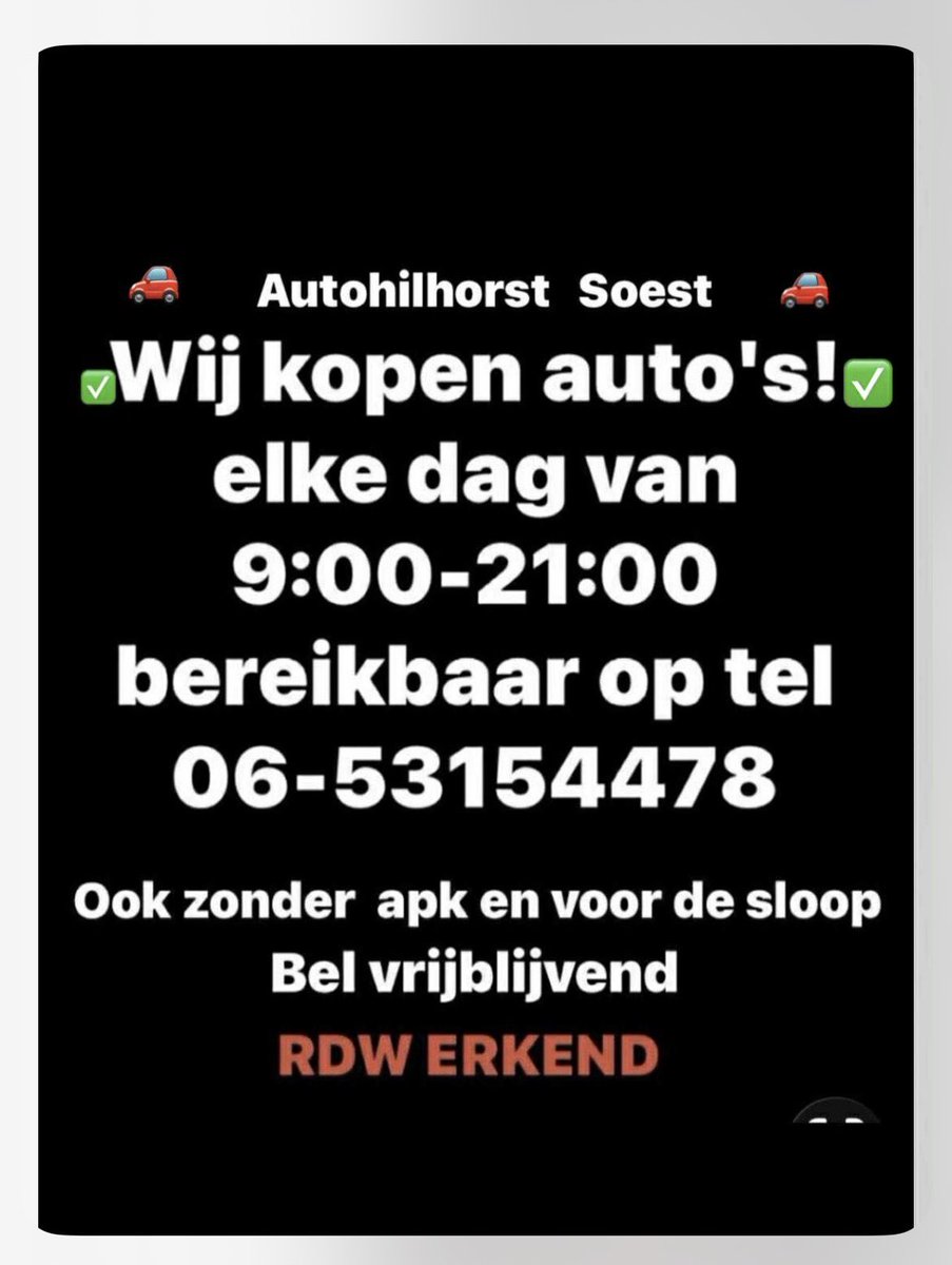 auto0653154478's tweet photo. Inkoop auto's, ook zonder apk + voor de sloop, eilke dag van 09:00-21:00 bereikbaar 📞06-53154478🙄 https://t.co/cox3g61ei4
