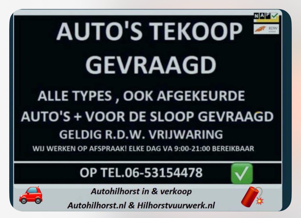 auto0653154478's tweet photo. Inkoop auto's, ook zonder apk + voor de sloop, eilke dag van 09:00-21:00 bereikbaar 📞06-53154478🙄 https://t.co/cox3g61ei4