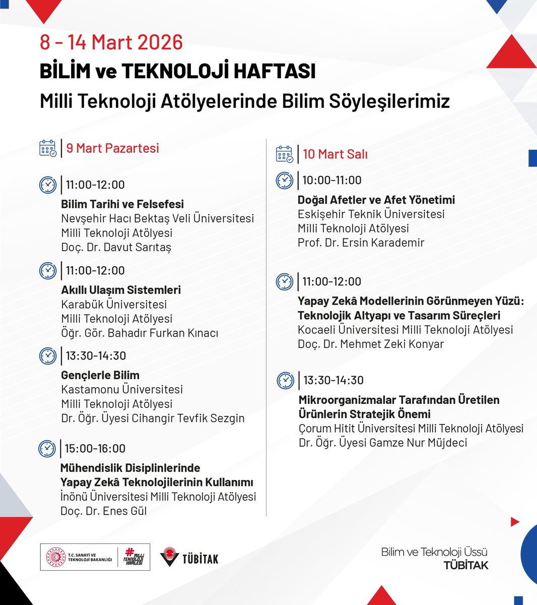 Tubitak's tweet photo. Milli Teknoloji Atölyelerinde bilim söyleşilerimiz öğrencilerle buluşuyor! 👥

🗣️ Bilim tarihinden akıllı ulaşım sistemlerine, enerji depolama teknolojilerinden sürdürülebilir girişimciliğe, doğal afetlerden giyilebilir teknolojilere, Milli Teknoloji Atölyelerimizde üniversite öğrencilerimizle yüz yüze gerçekleştireceğimiz bilim söyleşilerinde buluşuyoruz. 🤗

📅 8-14 Mart 2026

📌 @bilimletoplum
📌 @MTAtolyeleri