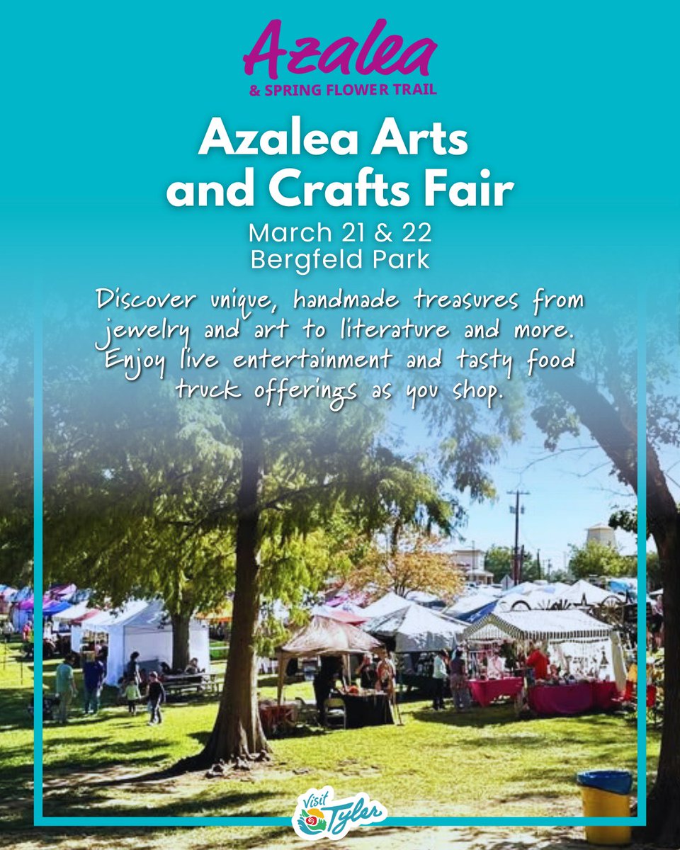 VisitTyler's tweet photo. 📍 Bergfeld Park
March 21 &amp; 22

Handmade. Local. One-of-a-kind.

Shop jewelry, art, literature, and more while enjoying live entertainment and food trucks in beautiful Bergfeld Park. A Trails weekend favorite. https://t.co/a9mugKT3FK