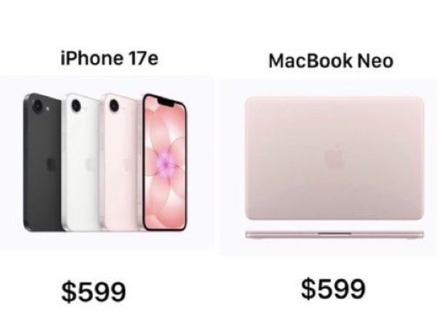 paubayardo's tweet photo. Por qué si el iPhone 17e y el MacBook Neo cuestan lo mismo (599USD) en Colombia venden el primero por 3,6M y el segundo por 2,6M? @Apple @Alkosto https://t.co/FAKzdUtJcn