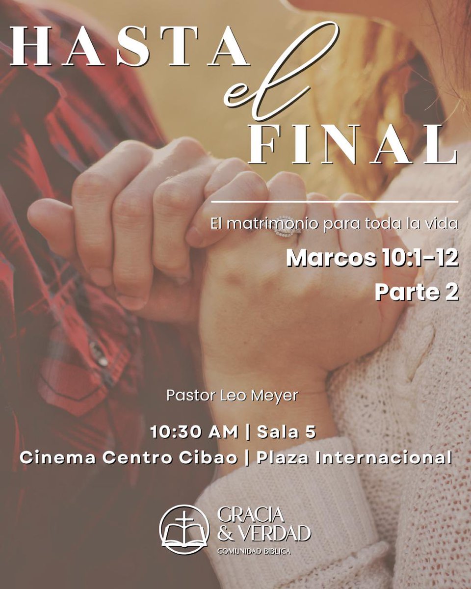 Si estás en Santiago, RD:

Dios delante, mañana terminamos la mini-serie sobre el matrimonio.

¡No vengas solo!

10:30 AM