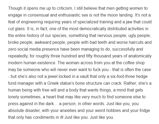 LTGetsPolitical's tweet photo. You should read this. A superb piece of writing by Freddie deBoer on the self-pitying shackles incels place on themselves. Really astute observations: https://t.co/pDimoenQo7