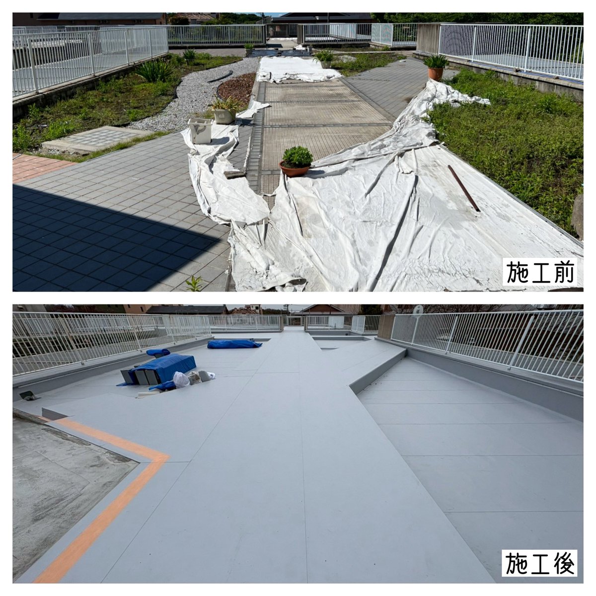 g_base_kane's tweet photo. 株式会社G-BASEです
元々屋上庭園だった屋根に #塩ビシート防水機械固定 を施工しました
通路部分は長尺シート、低い部分はウッドデッキを施工するので気にしなくていいよと言われましたが、シート貼り方向複雑、ディスク墨出し混乱
#防水工事,#田島ルーフィング,#ビュートップ,# https://t.co/Ld15CIWc97