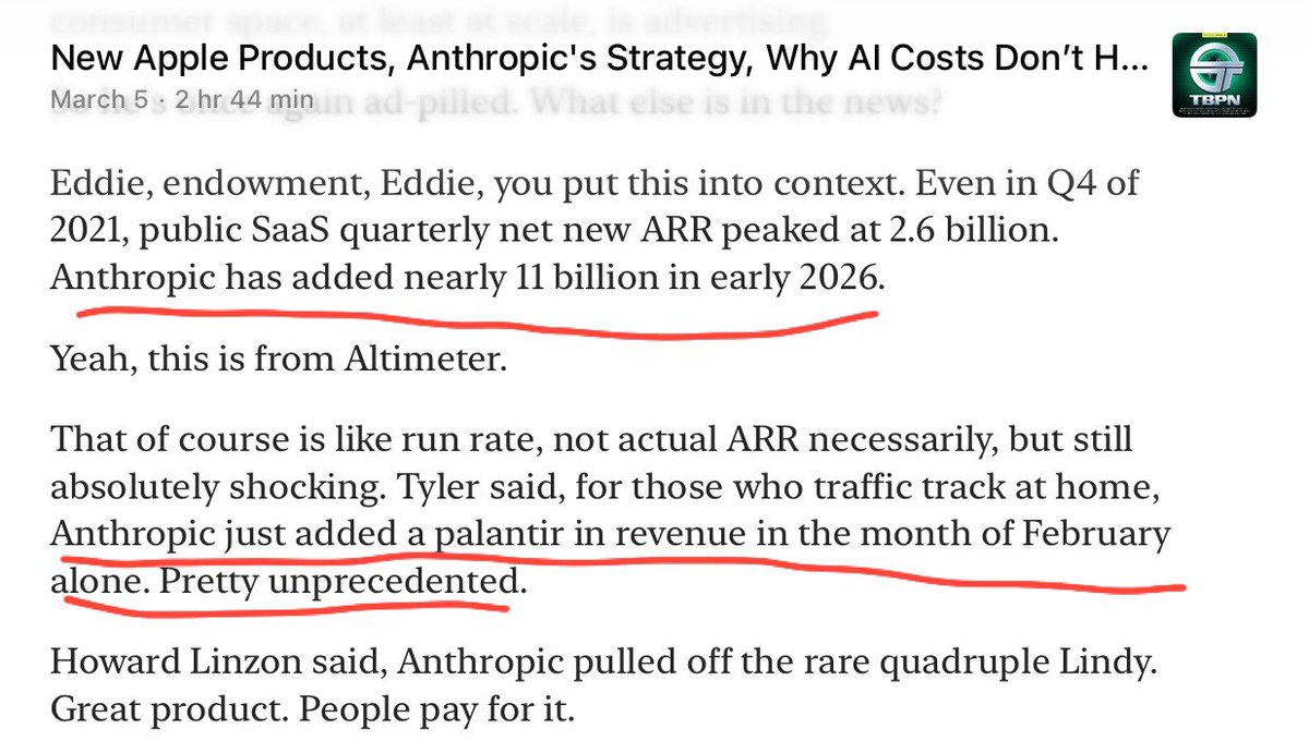 Was listening to the <a href="/tbpn/">TBPN</a> podcast and they mentioned that Anthropic’s February revenue = Palantir’s annual revenue.  Insane growth rate!   🤯🤯🤯