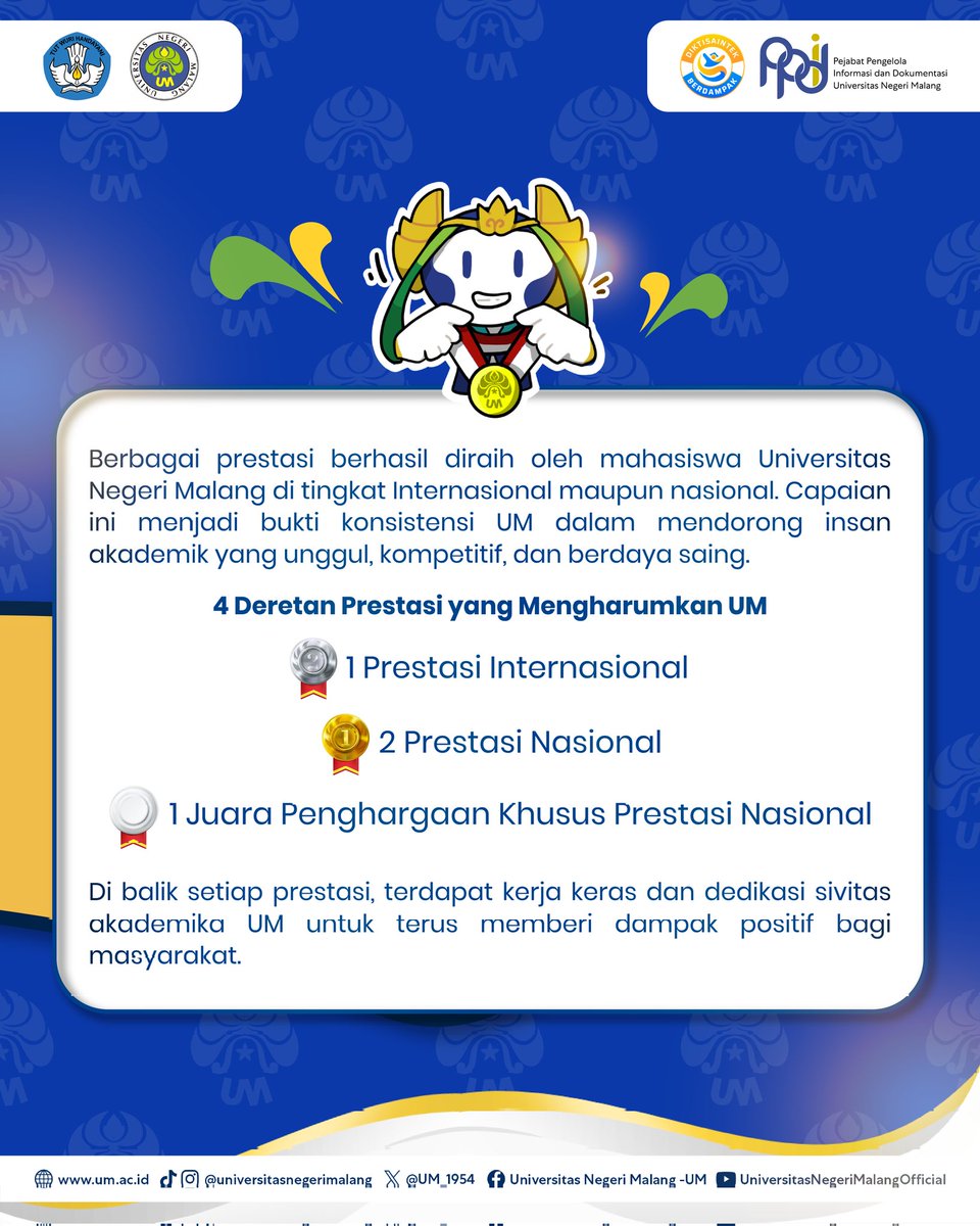 UM_1954's tweet photo. #PrestasiUM
Selamat dan sukses kepada para Mahasiswa UM atas capaiannya meraih berbagai prestasi yang luar biasa!ππ»
Semoga dapat terus menginspirasi dan mengharumkan nama kampus tercintaβ¨
#UM
#universitasnegerimalang
#ExcellenceInLearningInnovation
#KampusUnggulan https://t.co/CORIkhp6BS
