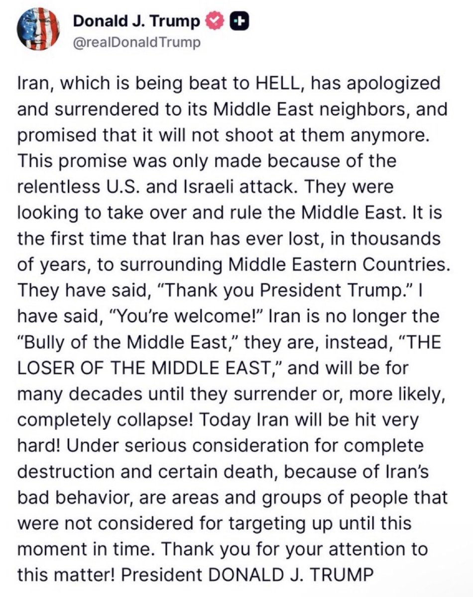 TomJChicago's tweet photo. Trump is incoherent and dementia rotted. He’s completely clueless about Iran, as is Hegseth. Ask a basic question like how many cities does Iran have with over 20,000 people and they will have no idea. This is 2 unprepared idiots putting American lives at risk. Now they’re desperately peddling fantasy.