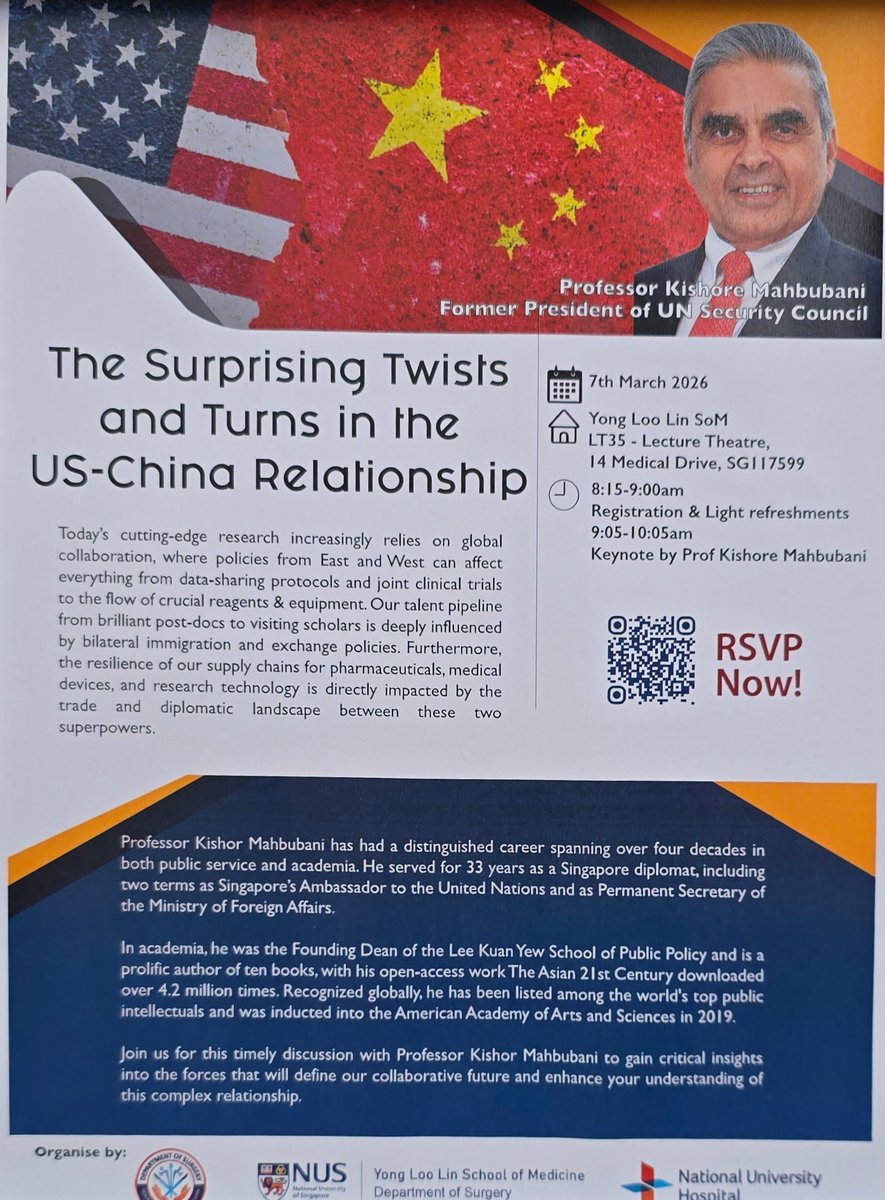 Choon1Seow's tweet photo. March 7, 2026. University Surgical Centre. Geopolitics lecture and discussion with Professor Kishore Mahbubani. 
Many words of wisdom for the soul in a multipolar world. https://t.co/0SJr3naRSx