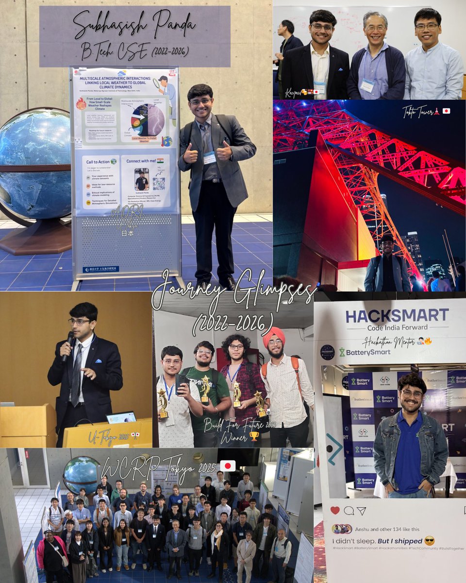 Subhasish225's tweet photo. 4 years of BTech. 12+ wins. 🇮🇳🎓

2022: Walked into my 1st hackathon with just curiosity.
2024: Built a tech society. Met my best co-builders, networked, and won 12+ hackathons.
2025-26: Mentored Hackathons.
Ended at: WCRP Tokyo 2025, UTokyo. 🎌

Showing up is 90% of the battle. https://t.co/4x3Z5sV1Xb