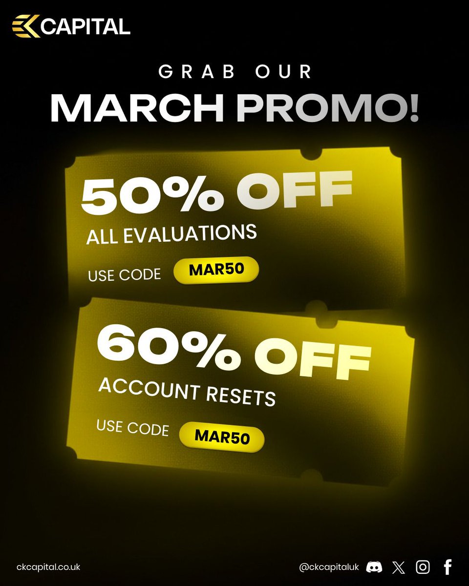 🚨 MARCH PROMO IS LIVE 🚨
We’re giving traders what they asked for…

50% OFF ALL EVALUATIONS
60% OFF ACCOUNT RESETS

Use code MAR50 at checkout.
👉 ckcapital.co.uk

But wait… we’re also doing a GIVEAWAY 👀

🎁 5 WINNERS will receive a FREE $10,000 Challenge!

How to