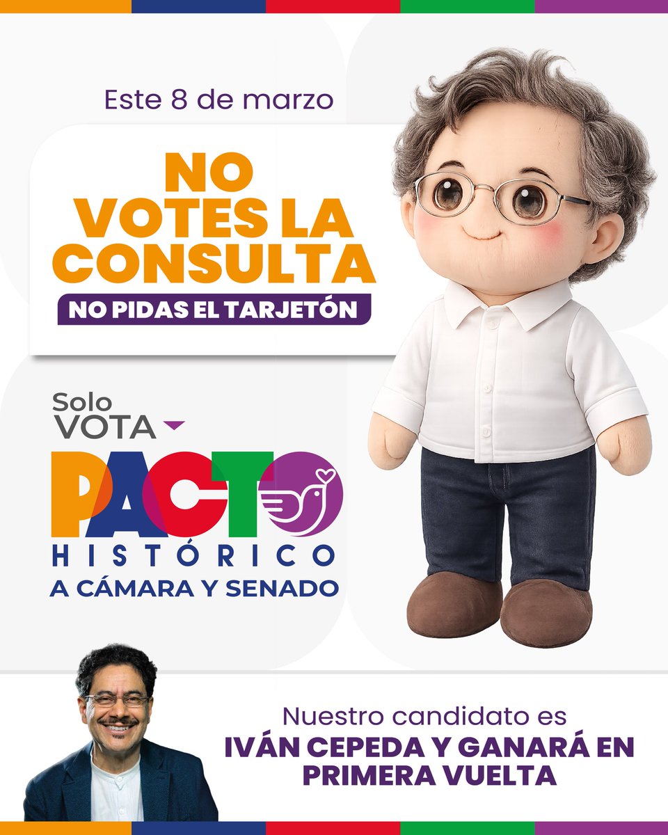 🗳️ ¿Por qué no votar la consulta?
Porque nuestro candidato presidencial es <a href="/IvanCepedaCast/">Iván Cepeda Castro</a> quien ganará en primera vuelta.

Necesitamos ser mayoría en el Congreso para lograr más transformaciones sociales.

📅 Este domingo
🗳️ Vota Pacto a Cámara y Senado
🚫 No votes la consulta