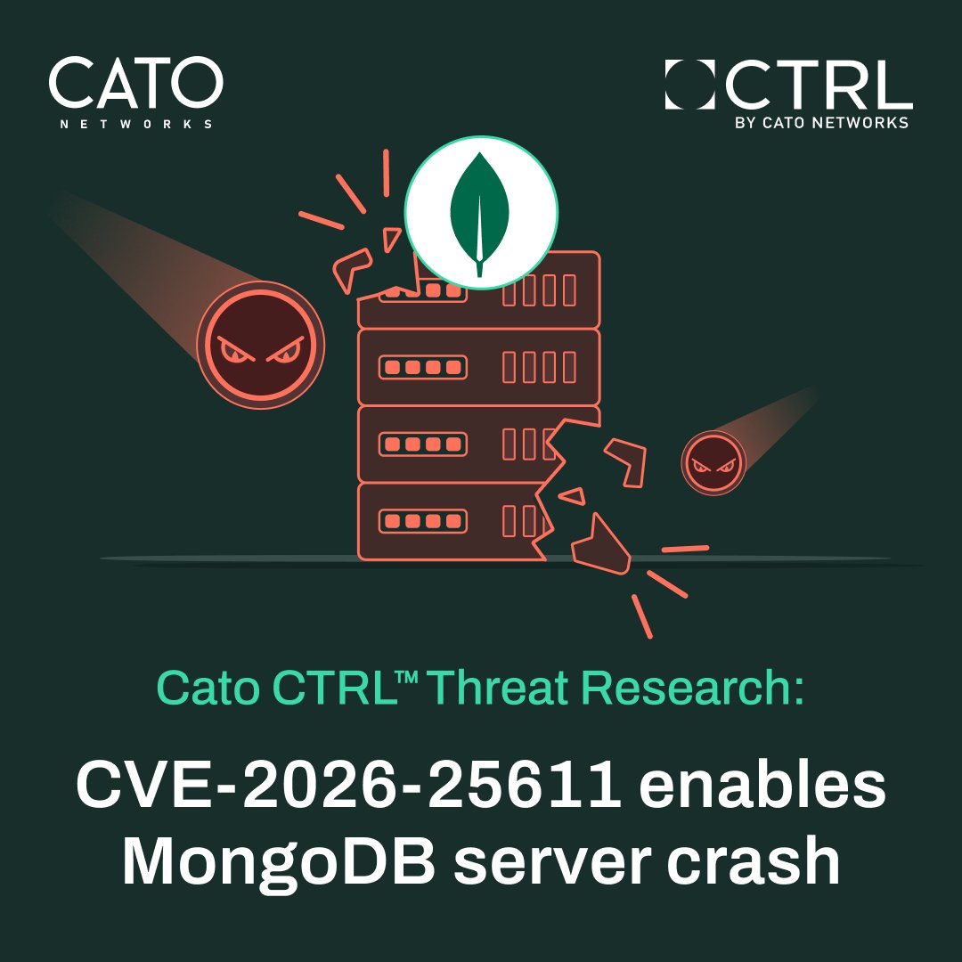 CatoCTRL's tweet photo. Internet-exposed MongoDB servers can be crashed. 🚨 Cato CTRL found a vuln putting 210,000+ instances at risk, letting attackers take databases offline in seconds, even in enterprise environments. A fix is available. Patch now. ⚠️ https://t.co/jyDV63HeYf https://t.co/qOiNOUatx6