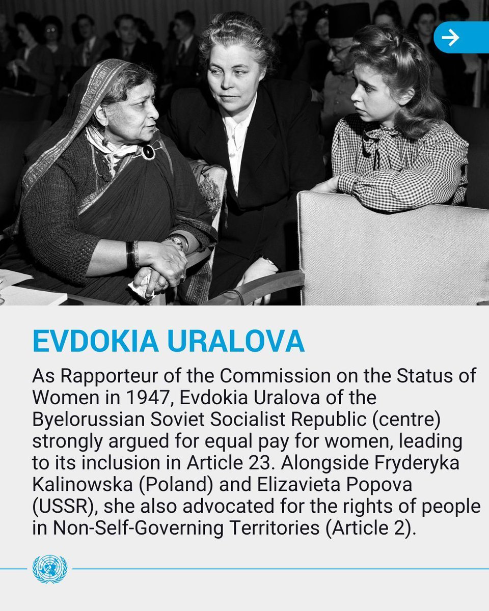 UNGeneva's tweet image. Many women helped make the Universal Declaration of Human Rights what it is today.

Evdokia Uralova, as Rapporteur of the Commission on the Status of Women in 1947, advocated for #EqualPay for women, leading to its inclusion in Article 23.

buff.ly/HS61SQl
#IWD2026