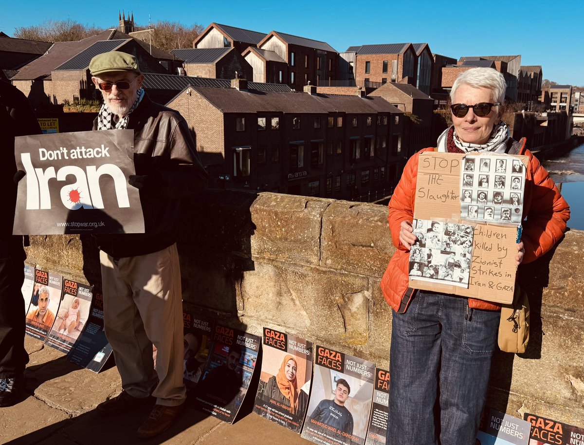 MrBenSellers's tweet photo. Great to see people out on Framwellgate Bridge, demonstrating against the ongoing genocide in Palestine &amp; Trump’s War in Iran. Durham has a long &amp; very proud tradition of peace activism &amp; we’re going to have to draw on that again in the coming weeks &amp; months. #StopTheWar https://t.co/Wf1212ht3R