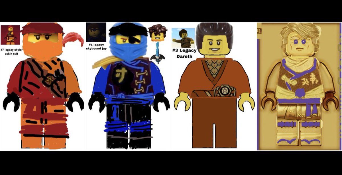 DarethIsLove's tweet photo. UNFINISHED NINJAGO CMF(COLLECTIBLE MINIFIGURE SERIES) DRAFT

——————————
Legacy Skylor
Legacy 3 Jay
Legacy Dareth
10th Anniversary Golden Garmadon
—————————— 

#Lego #Ninjago #LegoCMF #Ninjago15THAnniversary #CustomMinifigures https://t.co/RmsJhHnnfq