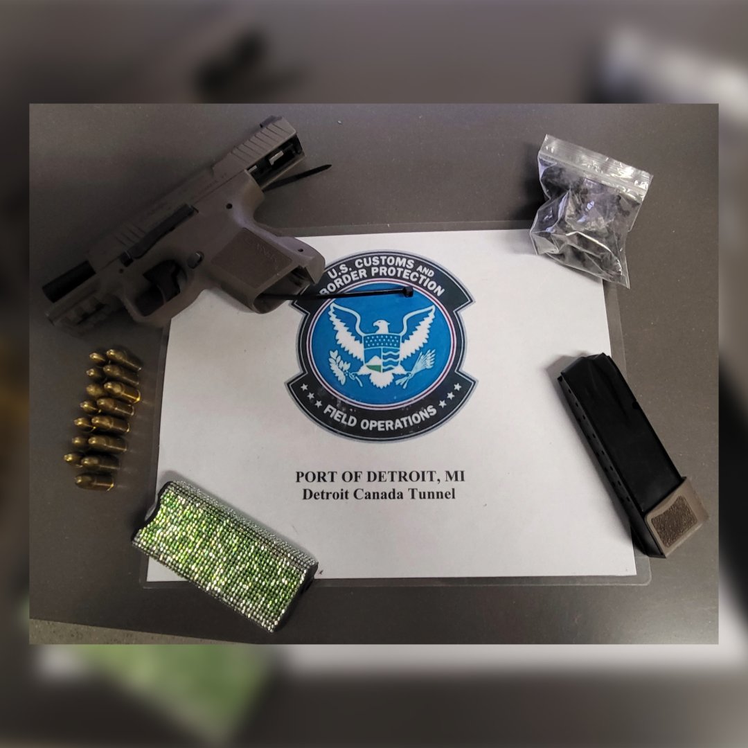 DFODetroit's tweet image. #DetroitCanadaTunnel @CBP officers seized a #gun, taser, #marijuana, and ammo from a pair of travelers.

REMINDER 
- Despite legality in certain municipalities, marijuana remains illegal under U.S. federal law. 
- Import/export documents are required for firearms.