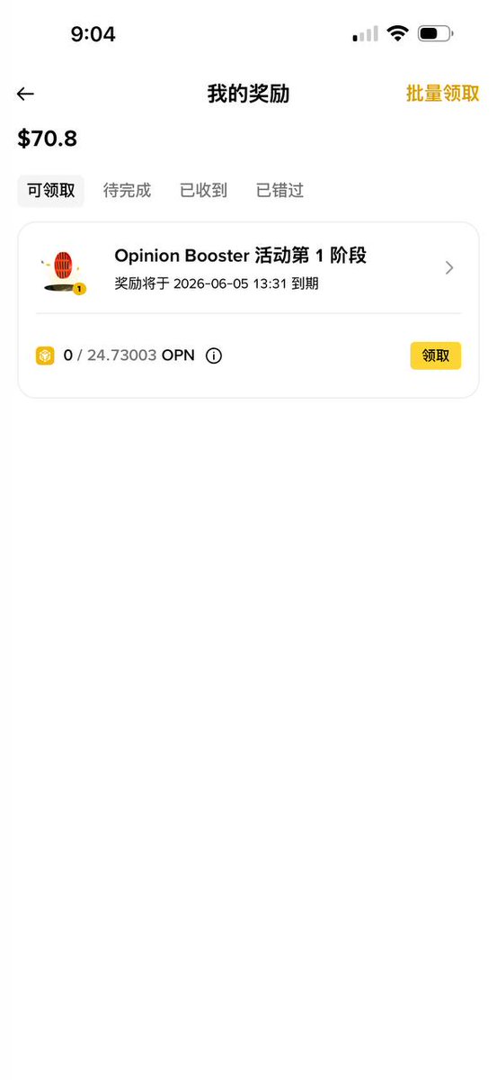 📢 币安 Opinion Booster 奖励$OPN 

之前带大家参与的 币安钱包 Opinion Booster 第一阶段 奖励已经可以领取了！虽然目前大环境一般，$OPN 的开盘表现可能没达到所有人的预期，但既然是低成本换来的筹码，到手了直接卖就对了 💫💫

➡️  币安注册 : binance.com/join?ref=CRYPT… (自带 20% 返佣)

#Binance