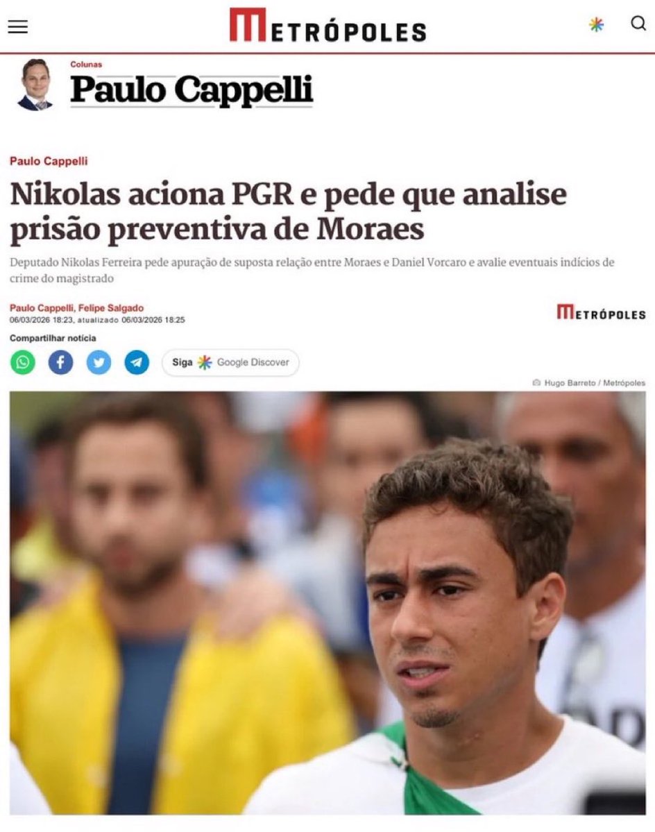 🚨TODA a oposição DEVE ir pra cima de Alexandre de Moraes.

Repito: TODOS!

Usem todos os meios jurídicos previstos na Constituição para mandar esse bandido pra cadeia.

Parabéns, deputado <a href="/nikolas_dm/">Nikolas Ferreira</a>.