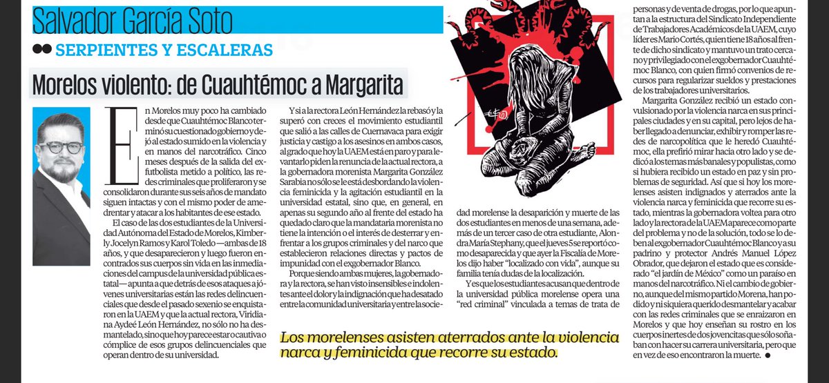 “MORELOS VIVE BAJO LA SOMBRA DEL NARCO Y LOS FEMINICIDIOS”: GARCÍA SOTO

En su columna Serpientes y Escaleras, el periodista <a href="/SGarciaSoto/">Salvador García Soto</a> advierte que la violencia criminal y feminicida sigue marcando a Morelos tras el gobierno de Cuauhtémoc Blanco, en medio de la crisis que