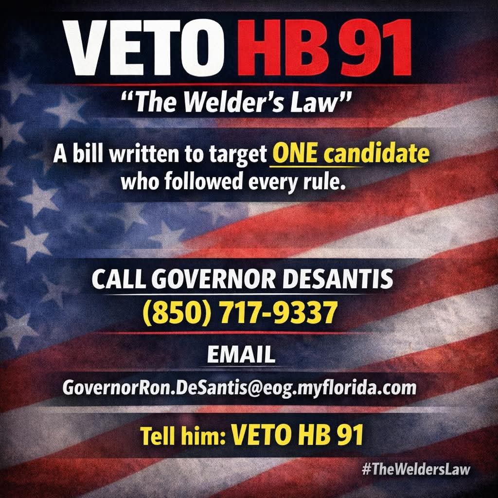 RLCPasco's tweet photo. Everyone contact @RonDeSantis office and tell him to veto HB91 which is blatant election interference. CALL THE OFFICE NOW AND SAY NO TO HB91!! https://t.co/sFB4VU7qO5
