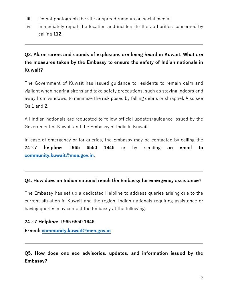 Indsamachar's tweet image. Frequently Asked Questions (#FAQs) on the Current Situation:  

The Embassy of India in Kuwait has received several queries from Indian nationals. For the information of the community, FAQs are shared below:

@indembkwt #IranIsraelWar #MiddleEastCrisis