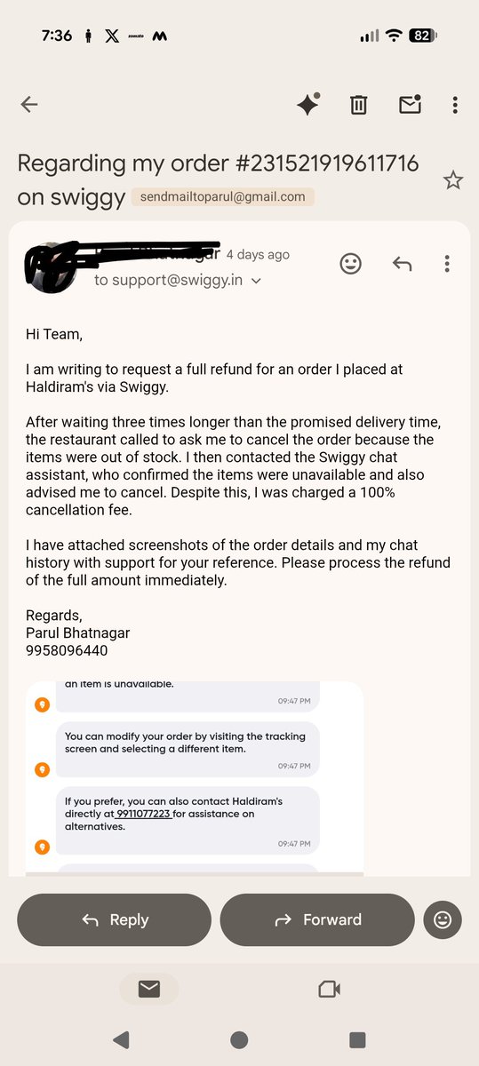 Parulbhatnagar1's tweet photo. @Swiggy @harshamjty ordered frm Haldiram’s, waited 3x the promised time. Restaurant then asked me to cancel as items were out of stock. yet I was charged 100% cancellation fee and no refund.
This is unfair. When the restaurant can’t fulfill the order, why should the customer pay? https://t.co/vVmoBAKFh2