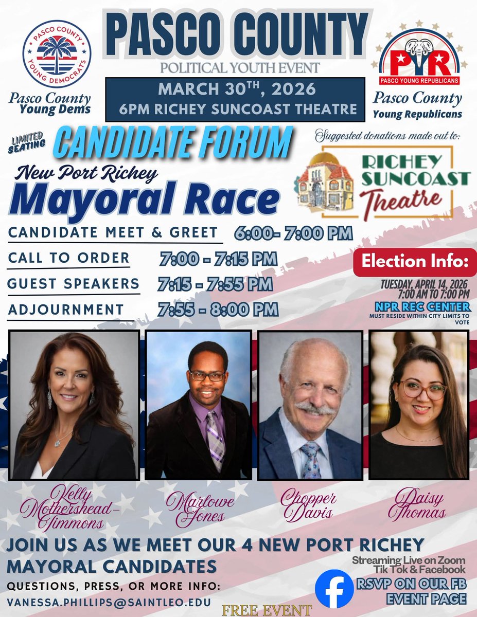 RLCPasco's tweet photo. New Port Richey Mayoral Race Forum March 30th at 6PM. The Pasco YRs will be in attendance as well. Let's make sure to bring up the new speed cameras in the city that are a violation of due procrss. https://t.co/XEPRJXRjKi