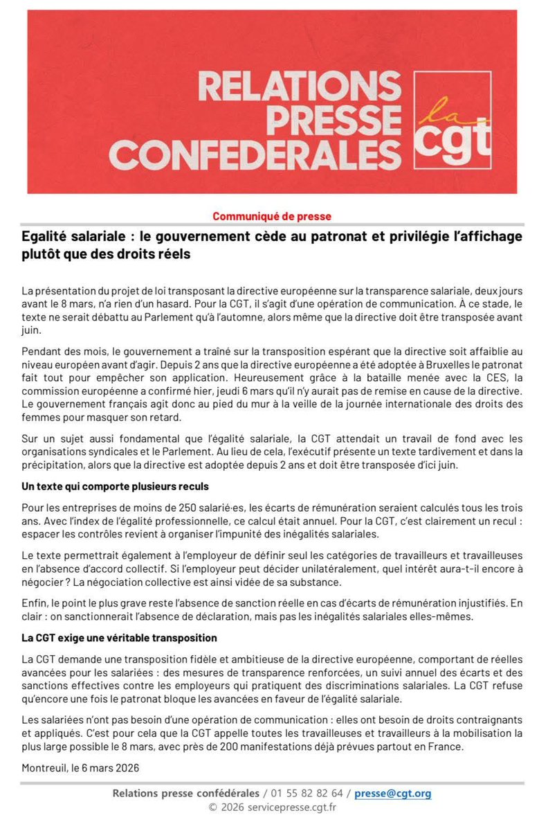 Transparence salariale : les Tartuffes du gouvernement se dépêchent de communiquer avant le 8 mars : la transposition de la directive européenne est un enjeu majeur de l'égalité femmes-hommes au travail.
