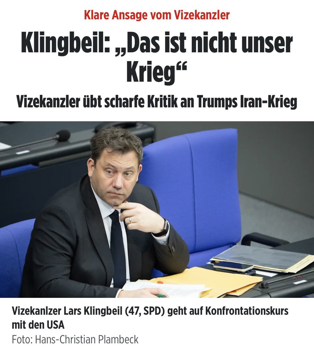 Herr Klingbeil, 
Sie bevorzugen offensichtlich entspannt weiter mit anzusehen, wie Menschen im Iran massenhaft ermordet werden und das Regime sich zum Ziel gesetzt hat, Israel auszulöschen, statt die USA, Israel, arabische Golfstaaten und allen voran die Menschen im Iran zu